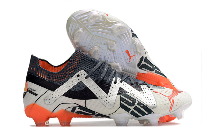 Bota de Fútbol Campo Puma Future Ultimate FG Blanca, Prata e Naranja "Astronaut Pack"