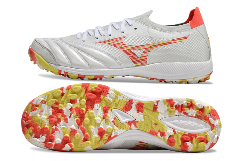 Bota de Fútbol para Césped Artificial Mizuno Morelia Neo Sala TF Blanca, Roja e Amarilla