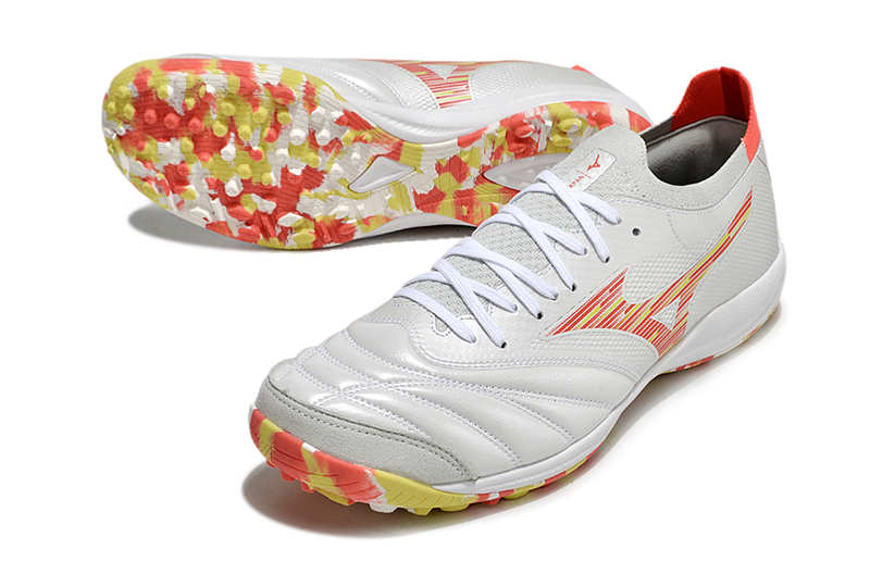 Bota de Fútbol para Césped Artificial Mizuno Morelia Neo Sala TF Blanca, Roja e Amarilla