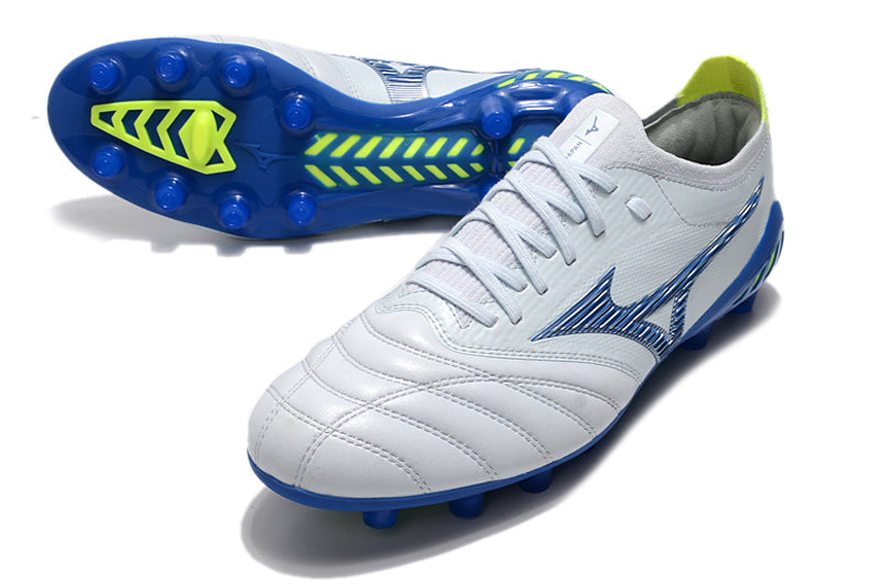 Bota de Fútbol Campo Mizuno Morelia Neo 3 FG Blanca e Azul "Pre Future Pack"