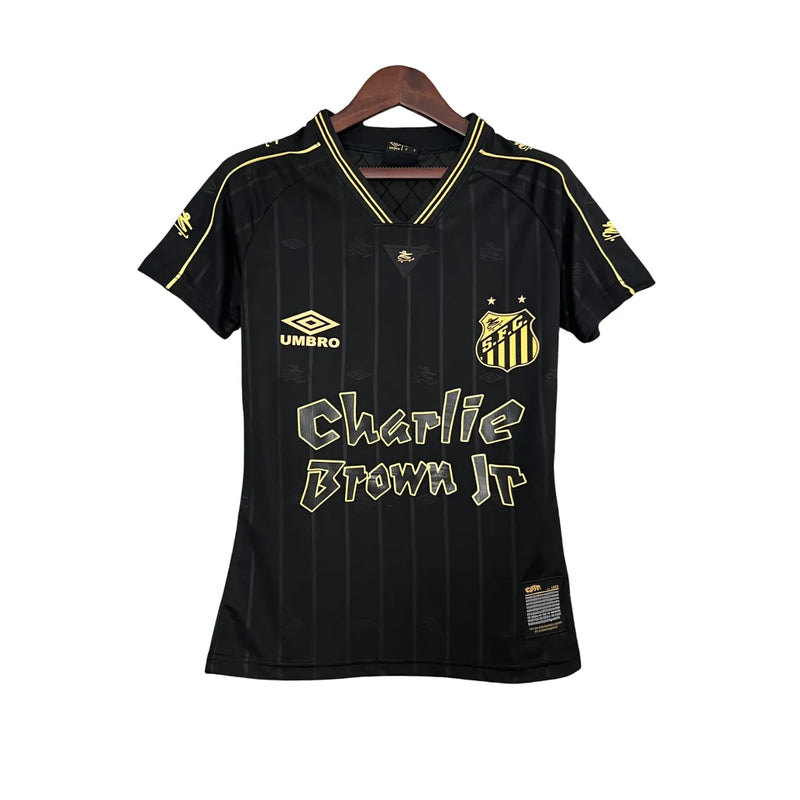 Camiseta Santos Charlie Brown Jr. Mujer 2024 - Negra e Dourada