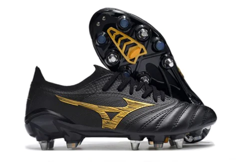 Bota de Fútbol Campo Mizuno Morelia Neo 4 Trava Mista Negra e Amarillo